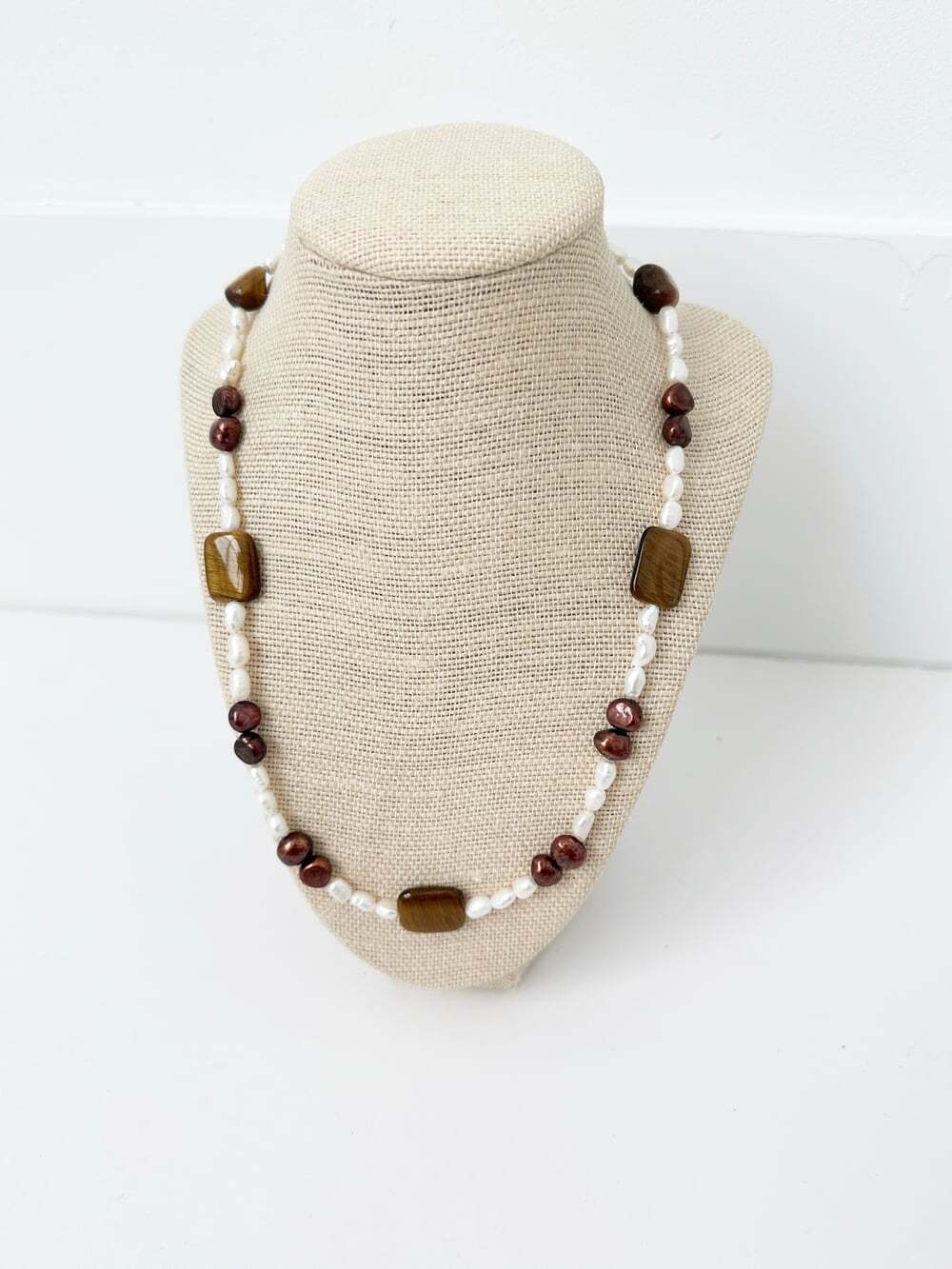 NWT Genuine Tiger Eye, Pearls & Quartz Necklace Brown White